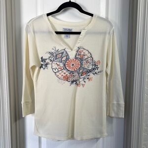Lucky Brand Split Neck Thermal Top (Cream Floral/Geometric Print) Women’s Size L